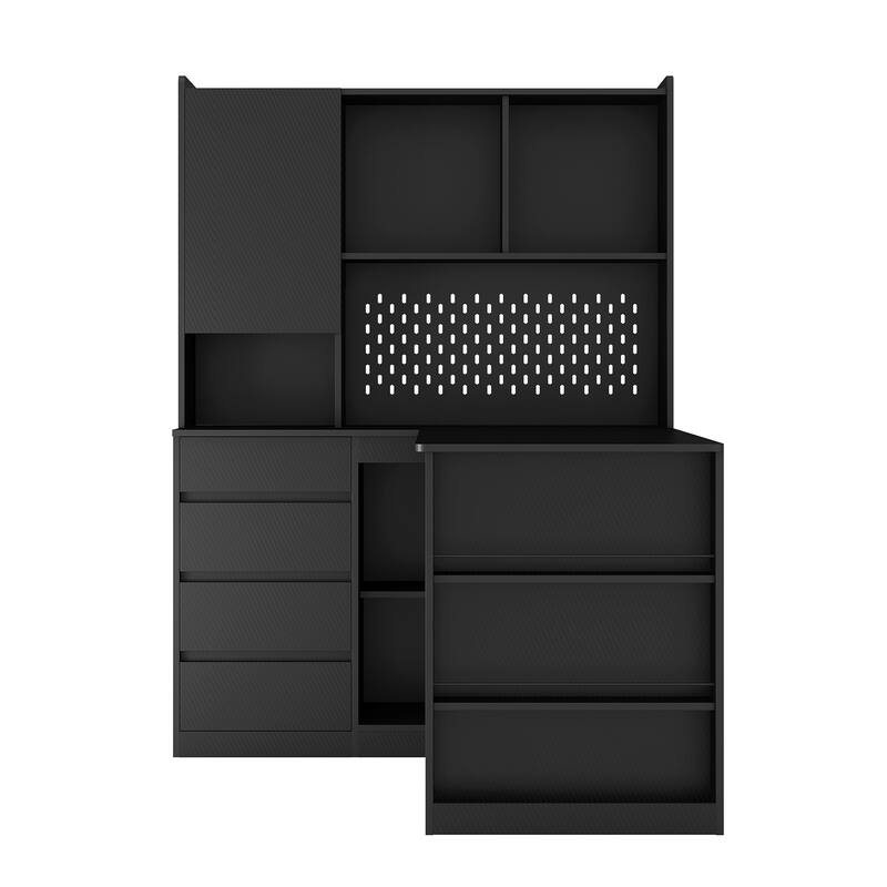 Roomfitters Modern L Shaped Computer Desk with LED Light & Hutch, Corner Workstation with Drawers, Pegboard & Shelves