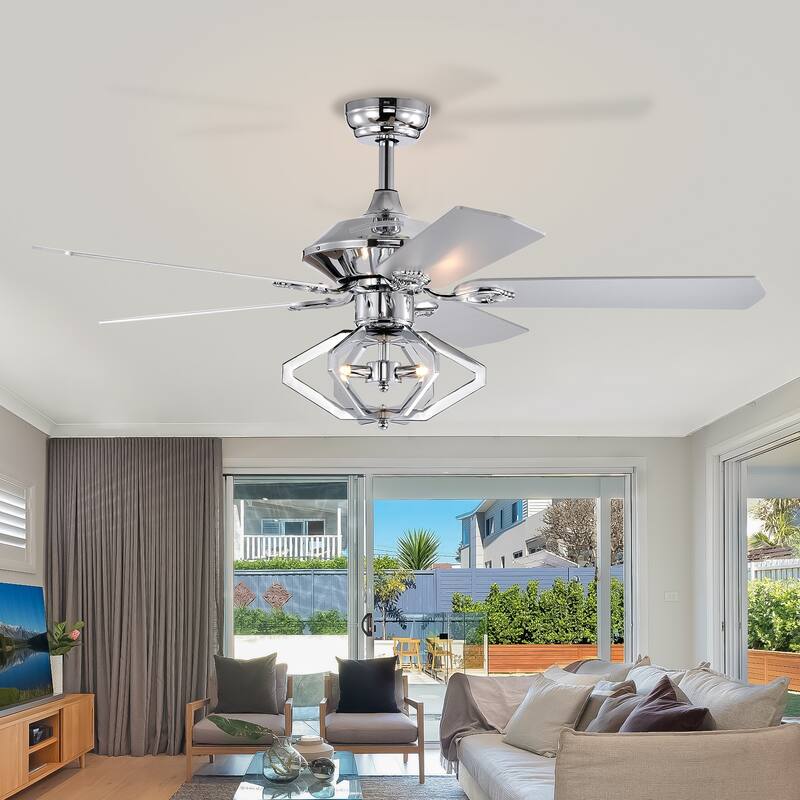 52 inch Chrome Reversible Ceiling Fan with Lights and Remote Control - 52 Inches - Silver
