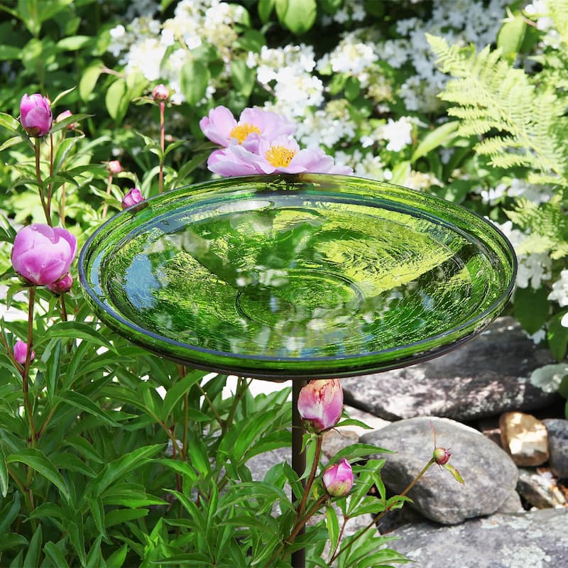 Achla Designs 39" H Round Fern Green Crackle Glass Birdbath Bowl w/Roman Bronze Wrought Iron Stake