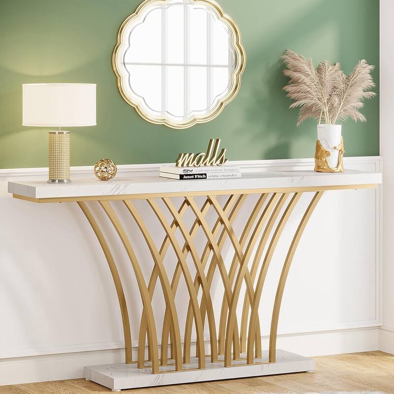 59" White & Gold Faux Marble Console Table, Modern Narrow Entryway Table with Grid Base for Living Room or Foyer