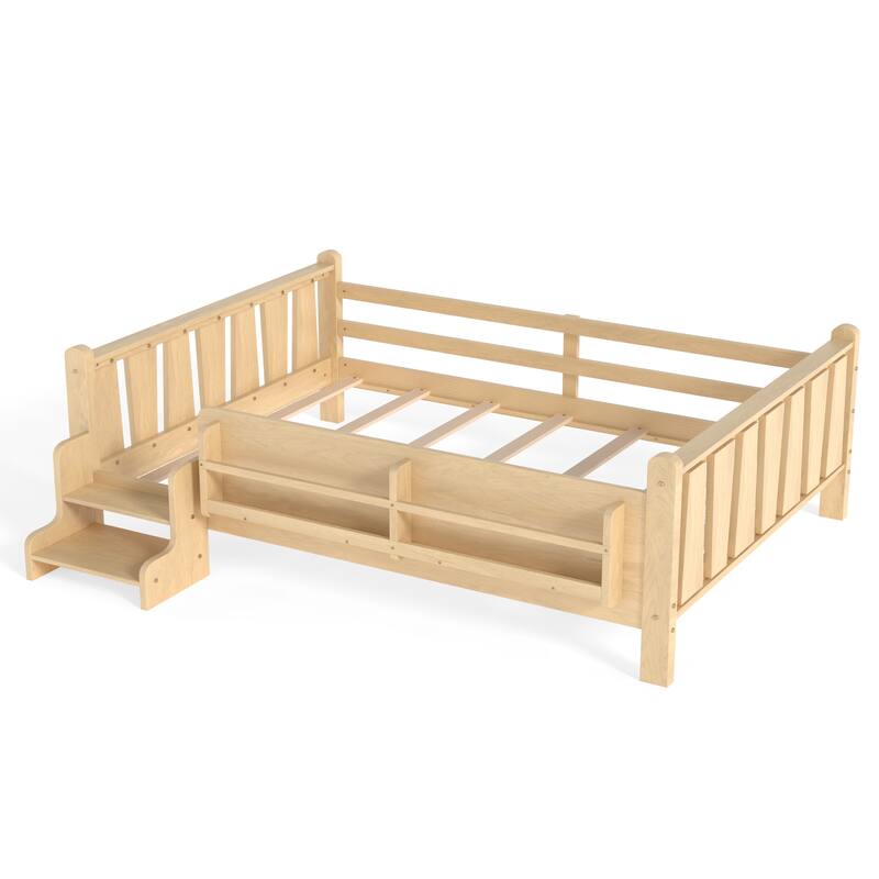 Full/Twin Floor Bed with Storage Bookcases & Cute Stairs - Solid Wood Kids Bed, No Box Spring