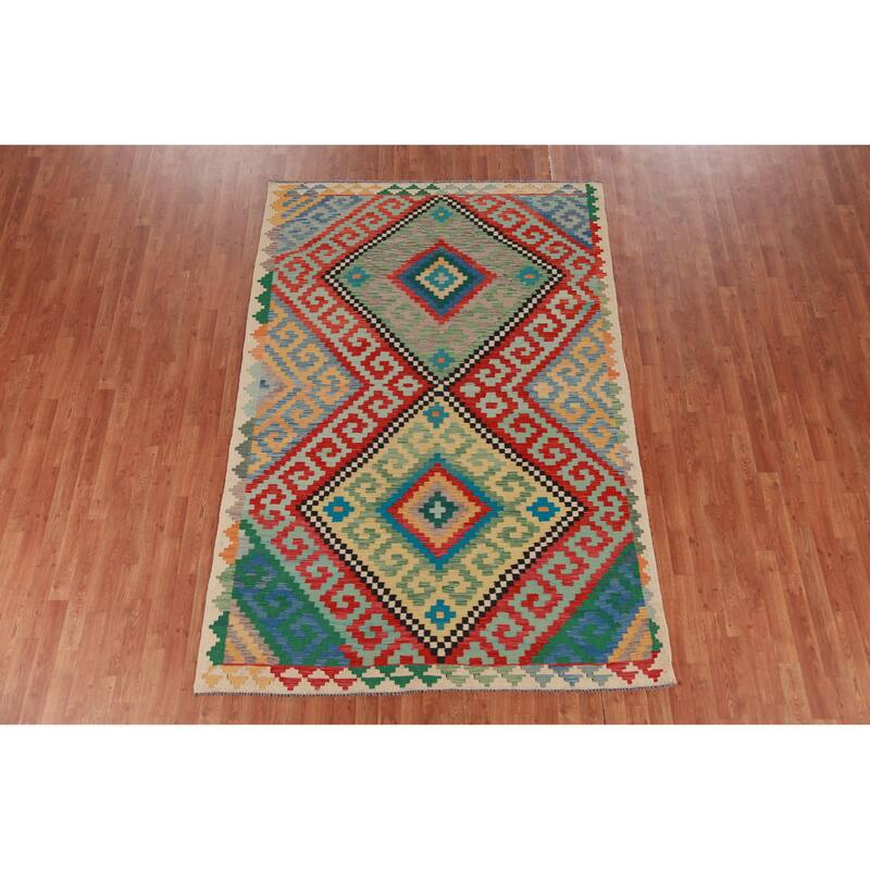 Kilim Oriental Area Rug Flatweave Multi-Color Wool Carpet - 5'10" x 8'7"