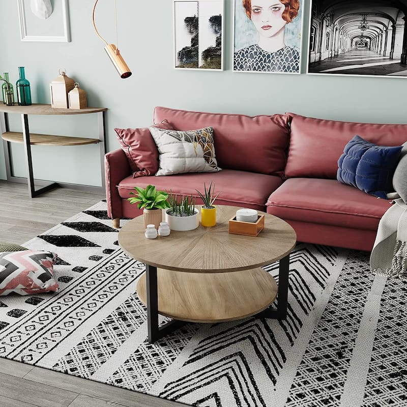 Round Coffee Table with Solid Wood Storage Circle Center Table