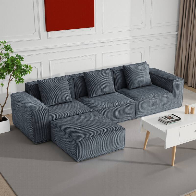 118 inch Modular Sofa Convertible Oversized Sofa Bed Corduroy Velvet 3 Person with Footrest Gray