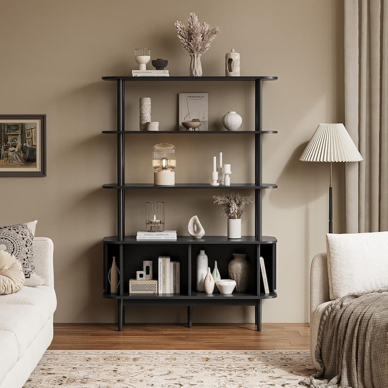 Bookshelf with Sliding Tambour Doors, Mid Century Modern Bookshelf with Storage, Wooden Open Display Shelf