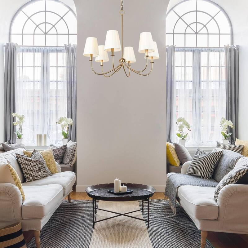 Bella Mid-century Modern Gold 6-Light Chandelier with Fabric Shade for Dining Living Room - D27"x H 24.5"