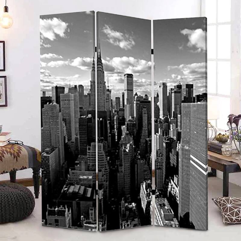 3 Panel Foldable Screen with New York Skyline Print, Black and White