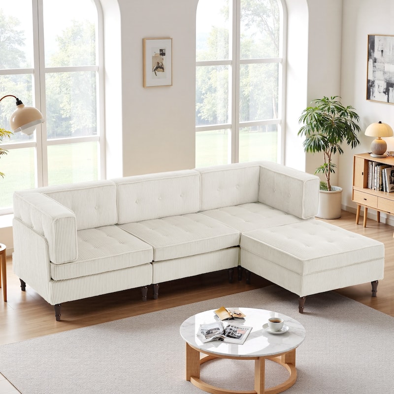Oversized Sofa Corduroy Tufted Modular Sectional Set - Beige-4 peice - Reversible