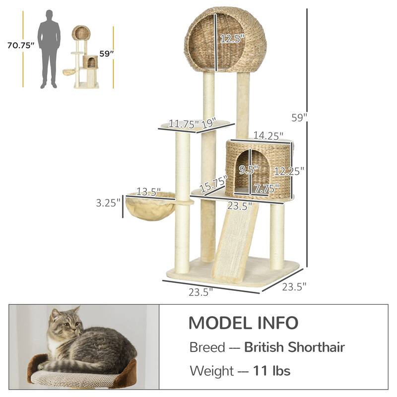 Multi-Level Cat Tree Tower with Condo, Plush Platforms & Sisal Posts - 23.5" L × 23.5" W × 59" H