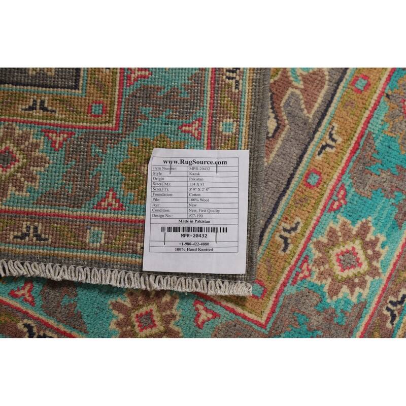 Gray Kazak Foyer Rug Hand-Knotted Geometric Wool Carpet - 2'8"x 3'9"
