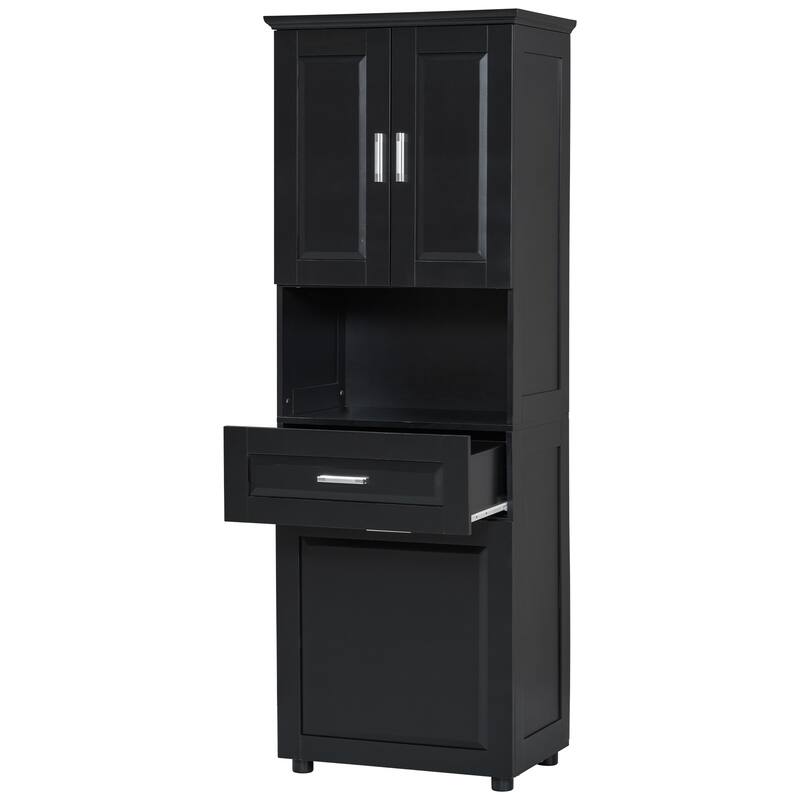 Freestanding Tall Bathroom Double Door Storage Cabinet with Removable Laundry Basket, Open Shelf, Drawer and Adjustable Shelf