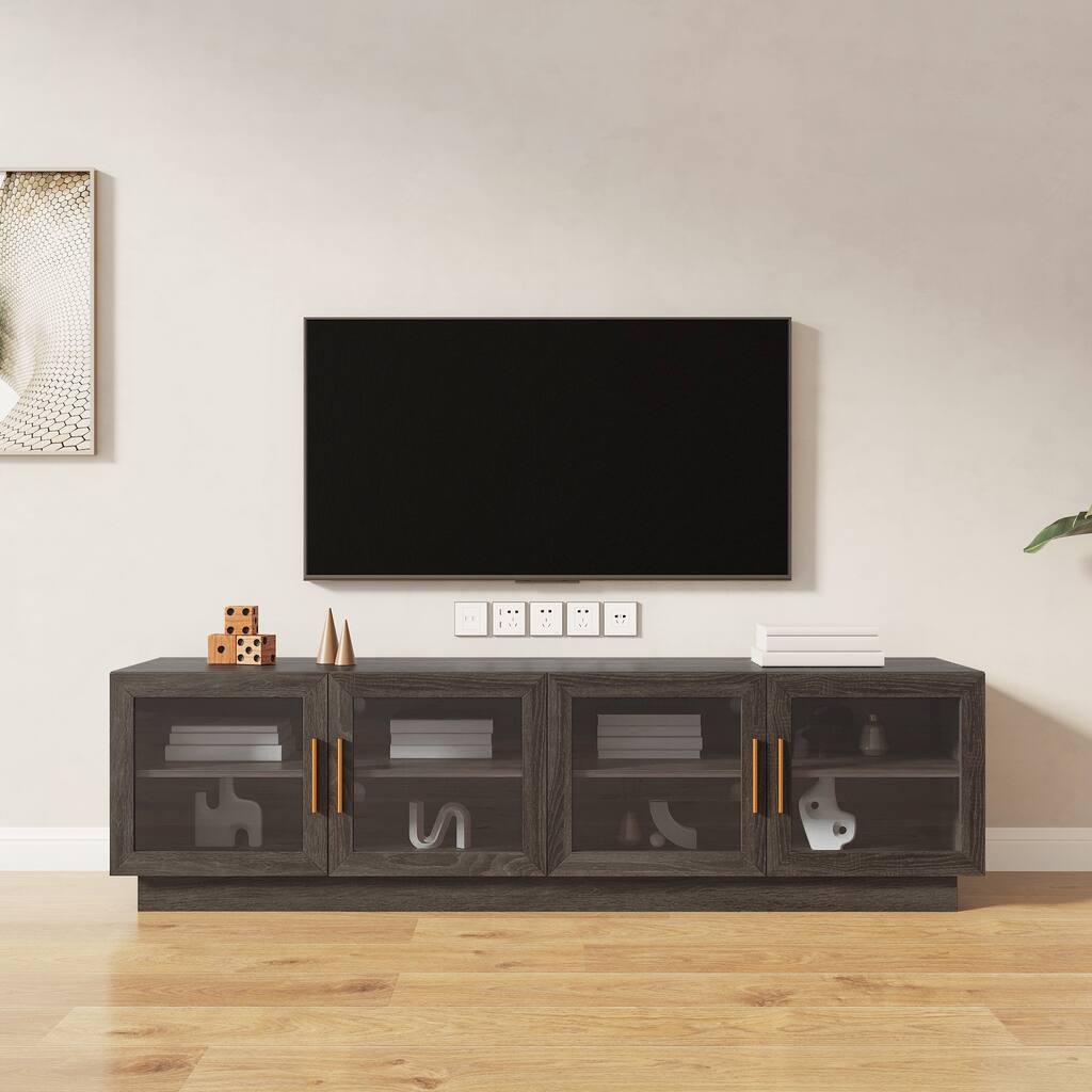 71" TV Stand with Glass Cabinets & Golden Handles