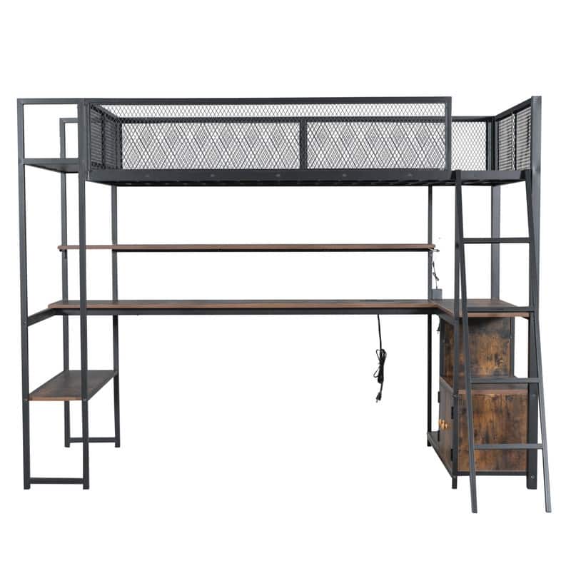 Twin Size Metal Loft Bed with Built-in Work Station, LED and Multiple Storage