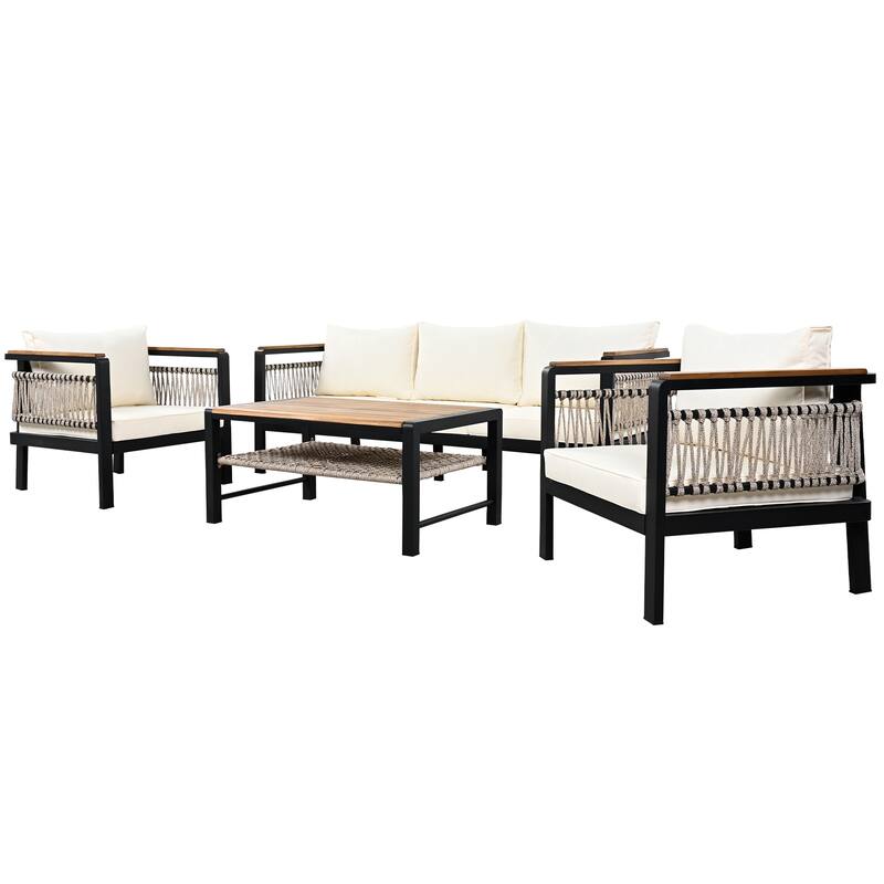 4 Piece Outdoor Woven Rope Furniture Set, Patio Sectional Sofa Set with Removable Waterproof Cushions and Coffee Table
