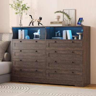 8 Drawer Dresser with RGB LED Lights, Power Outlet & 2 Open Shelves