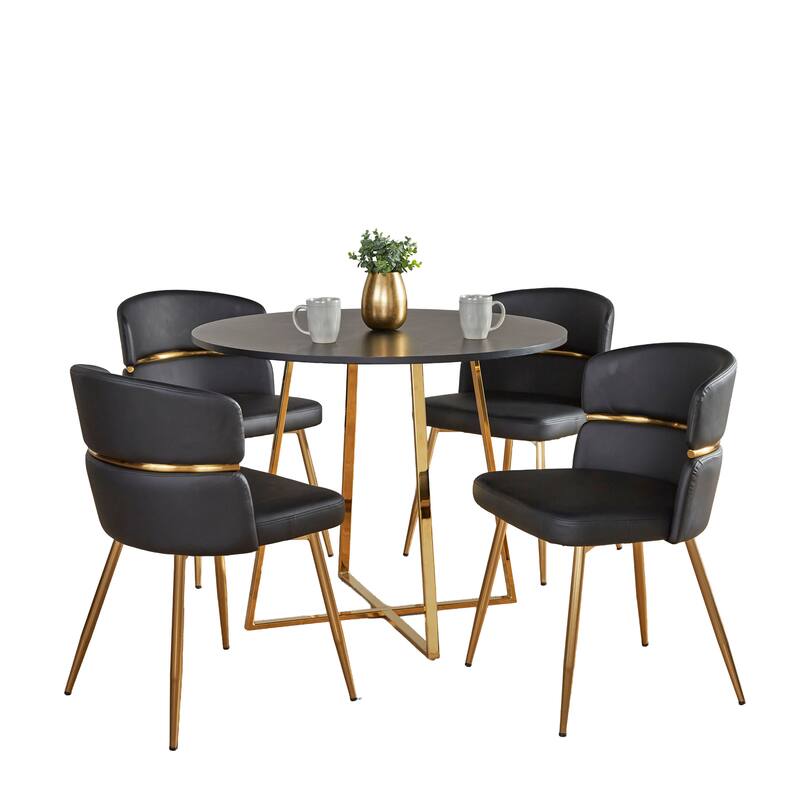 Silver Orchid Pugo-Lena Gold 5-Piece Dining Set - Black Faux Leather/Black Wood