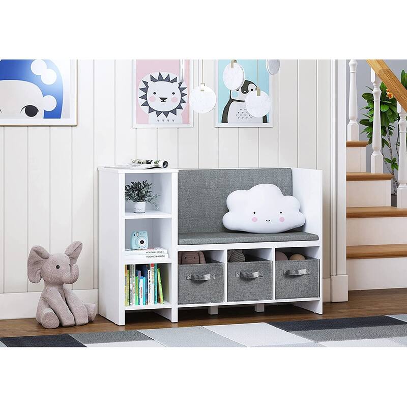 UTEX Kids Bookcase with Reading Nook, 6-Cubby Toy Storage Organizer with Bins,Kids Bookshelf and Storage,White
