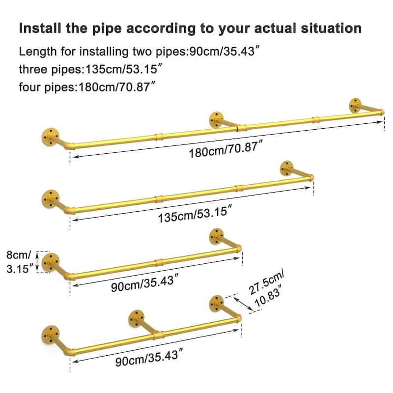 70.8'' Long Industrial Pipe Wall Mounted Clothes Rail Rack Hanging Bar