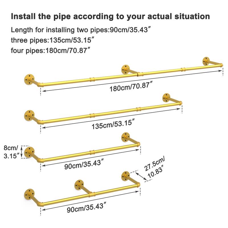 70.87" Long Industrial Pipe Clothes Rack Wall Mounted Hanging Rail