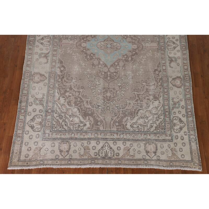 Distressed Tabriz Persian Vintage Rug Handmade Beige Wool Carpet - 6'6"x 9'8"