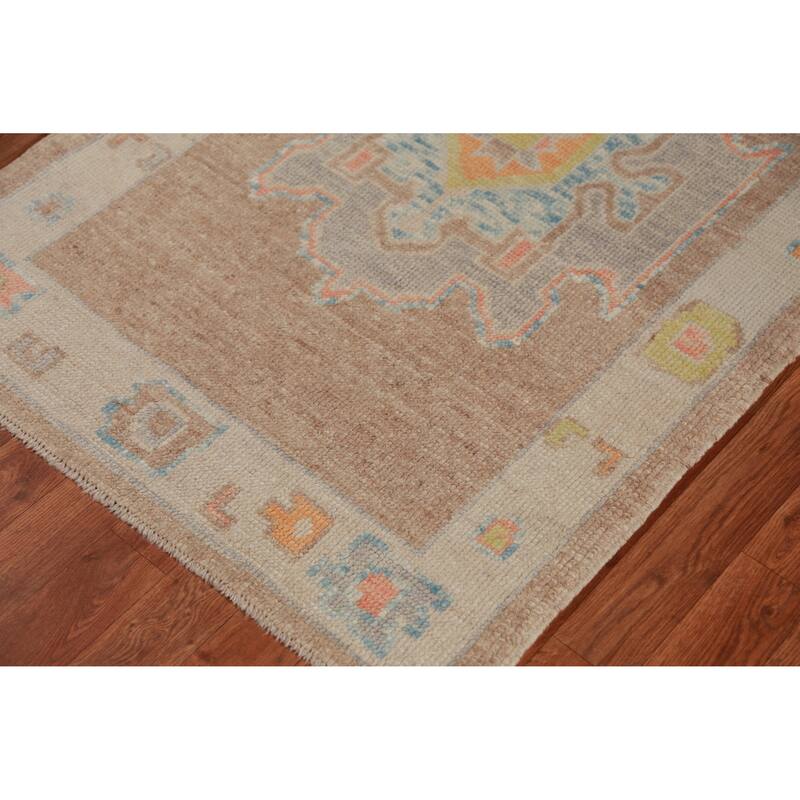 Hand Knotted Oriental 100% Wool Carpet Transitional Geometric Brown Oushak Runner Rug - 10' 2'' X 2' 11''