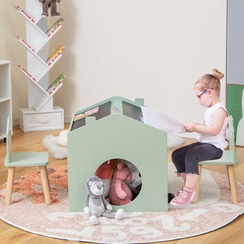 Costway 3 Piece Kids Wooden Table and Chair Set with Blackboard for