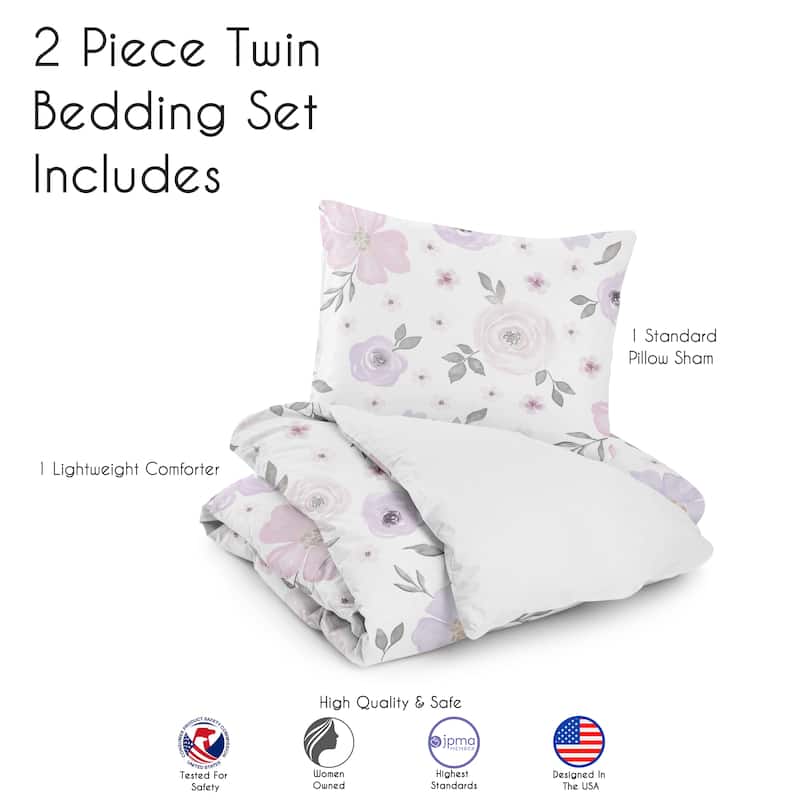 Sweet Jojo Designs Lavender Purple Pink Grey White Shabby Chic Watercolor Floral Collection Girl 2-piece Twin-size Comforter Set