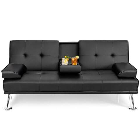 Convertible Folding Leather Futon Sofa with Cup Holders and Armrests - 66"X31.5"/35" x 29.5" / 23.5" (L x W x H)