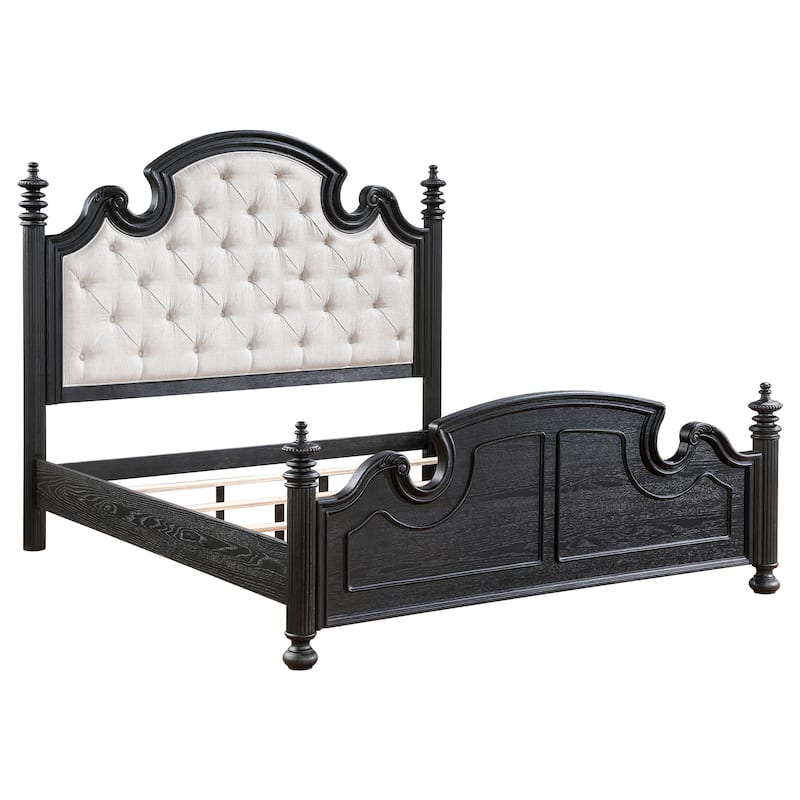 Celina Traditional Wood Poster Bed Black with Tufted Headboard - King