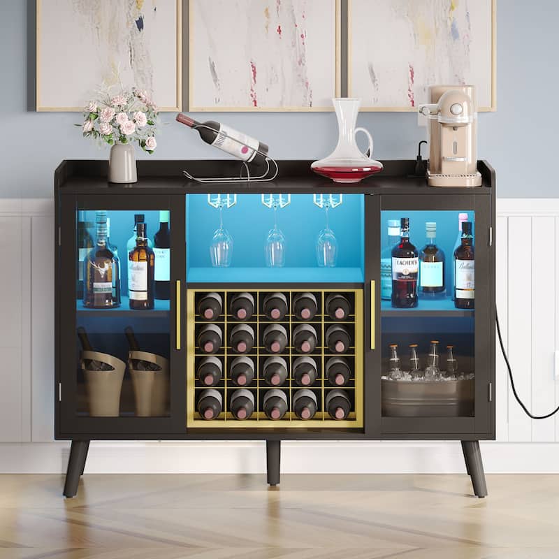Moasis 20-Bottle Glass Door Wine Rack Table with Power Outlets and Wine Glass Holder