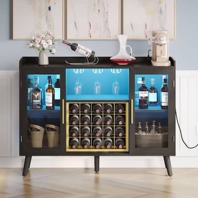 Moasis 20-Bottle Glass Door Wine Rack Table with Power Outlets and Wine Glass Holder