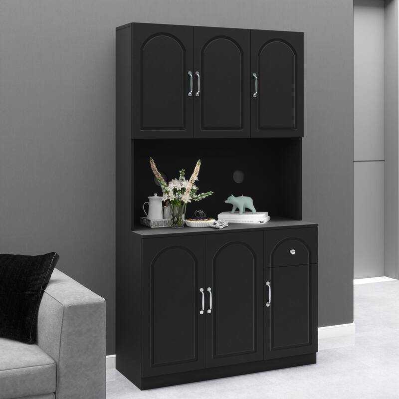 71" Kitchen Pantry Storage Cabinet with Microwave Oven Countertop,Freestanding Hutch Cabinet with Adjustable Shelves