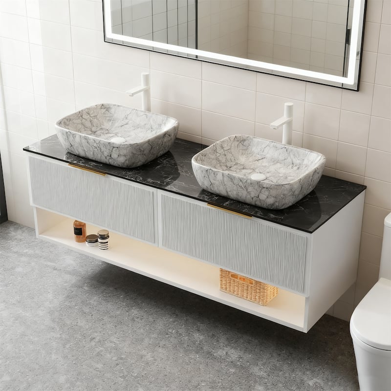 Floating Vanity Set with Smart Sensor Light - Black,Stone Gray,White