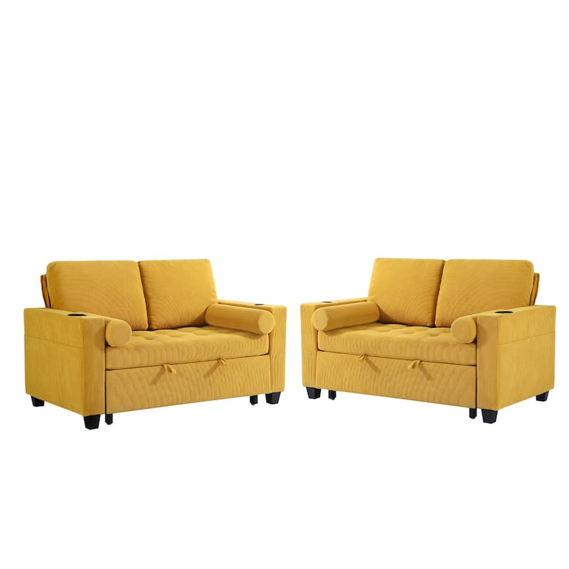 Set of 2 Corduroy Convertible Sleeper Chairs Pull-Out Chair Beds with Adjustable Recline