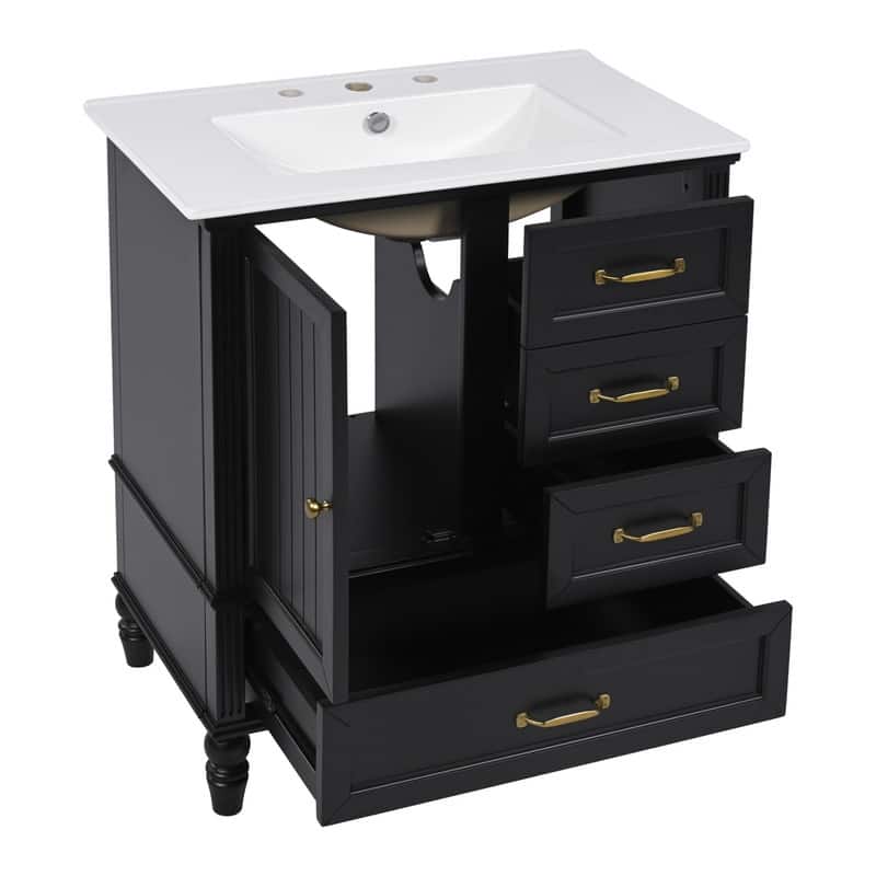 30" Bathroom Vanity with Ceramic Sink Top, Modern Bathroom Storage Cabinet with 1 Door, 3 Drawers and Solid Wood Legs