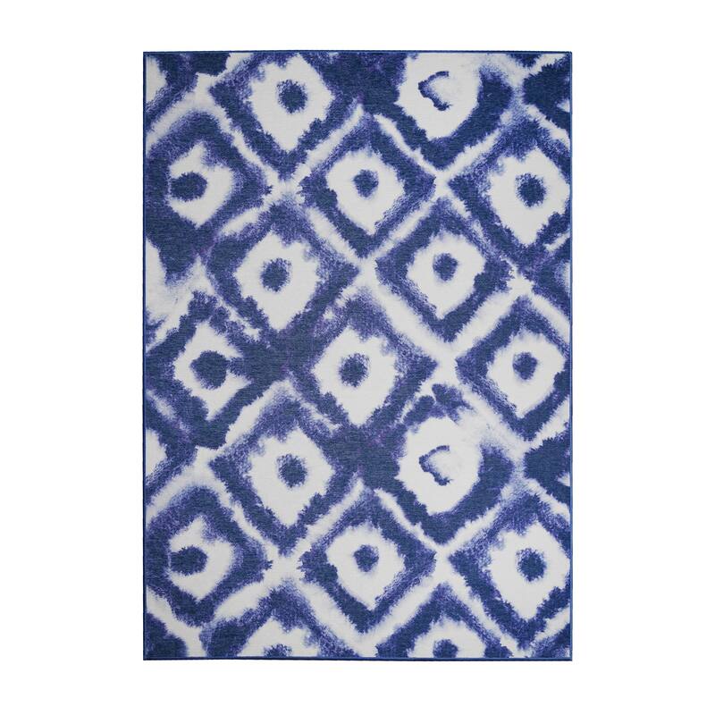 My Magic Carpet Shibori Geometric Diamond Blue Machine Washable Rug