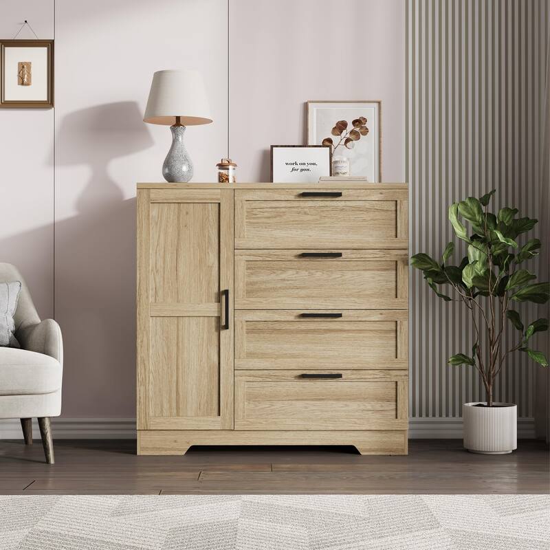43.3'' Small Wardrobe Closet, Wardrobe Cabinet with Door, 4 Drawers and Handing Rod, Wooden Clothes Cabinet - Natural
