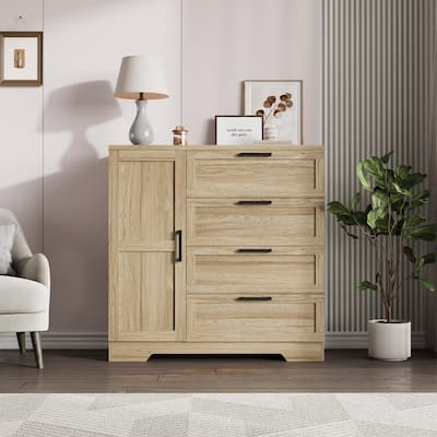 43.3'' Small Wardrobe Closet, Wardrobe Cabinet with Door, 4 Drawers and Handing Rod, Wooden Clothes Cabinet