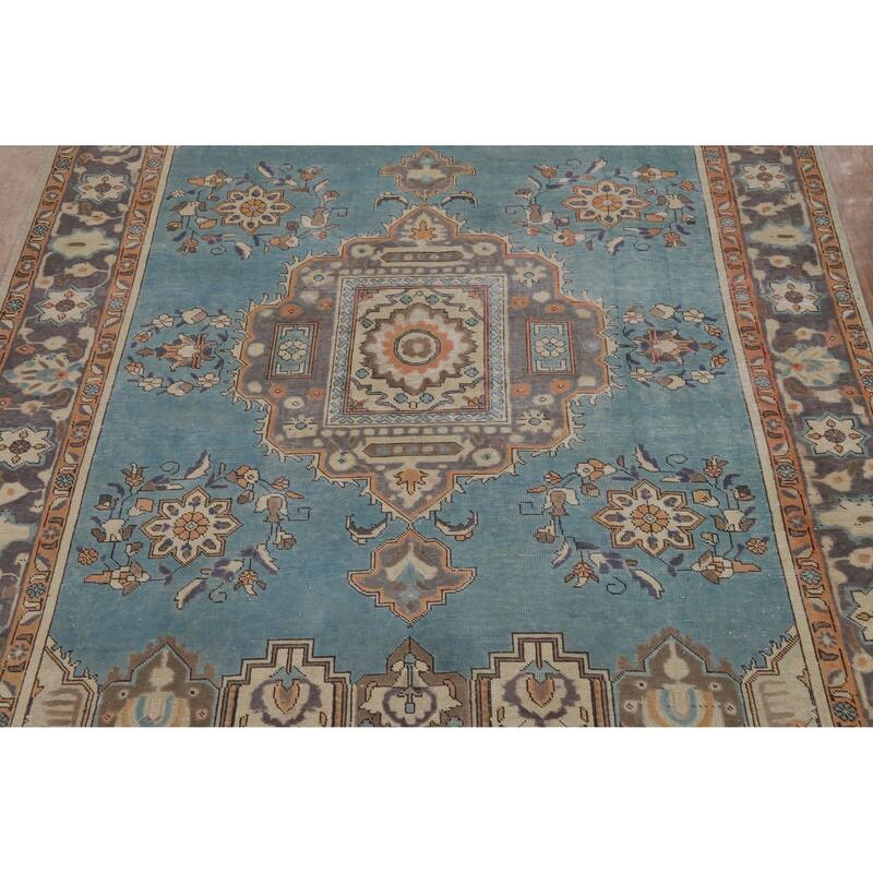 Geometric Blue Tabriz Persian Vintage Rug Hand-Knotted Wool Carpet - 6'7" x 9'7"