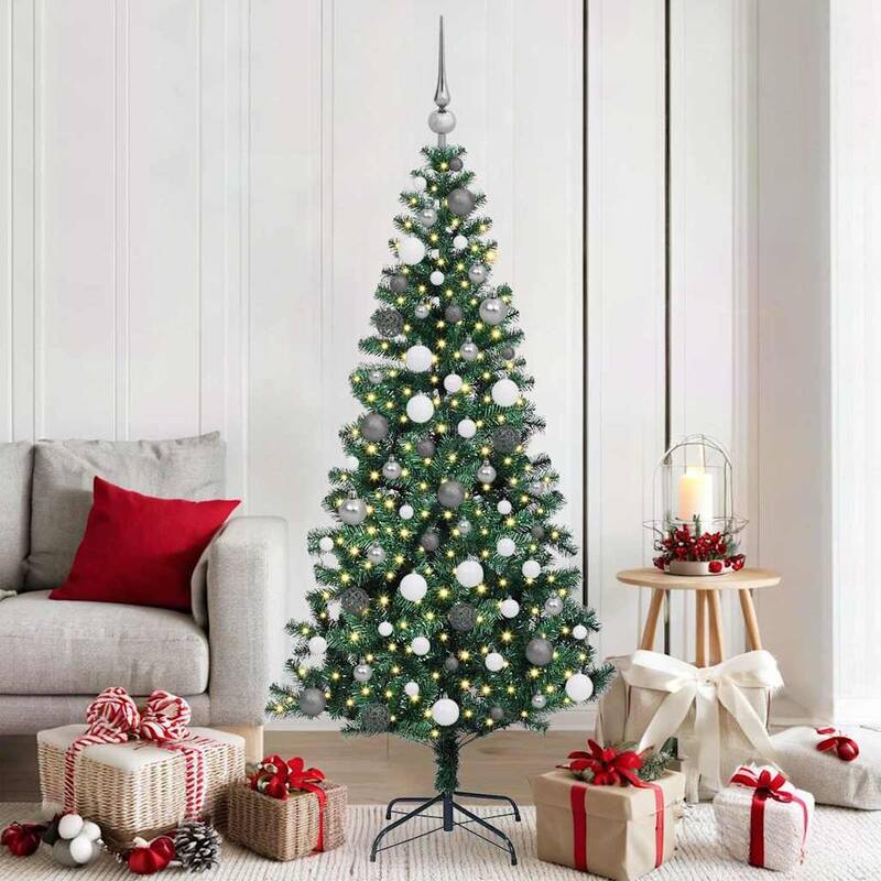 vidaXL Artificial Christmas Tree Green 70.9" PVC - Green with leds & white/grey balls - 6 Foot