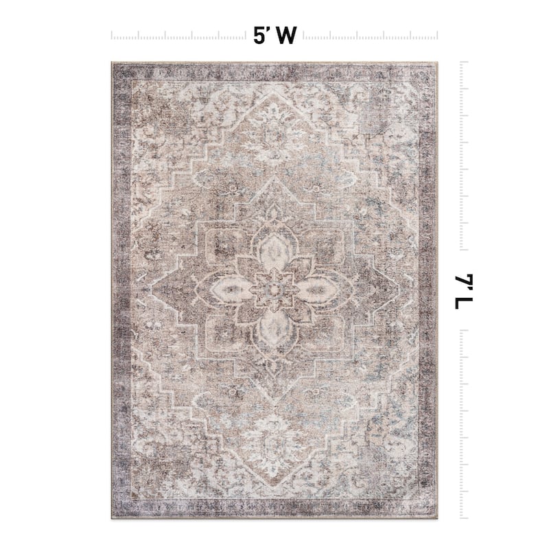 Beige Floral Medallion Washable Rug - Low Pile, Non-Slip