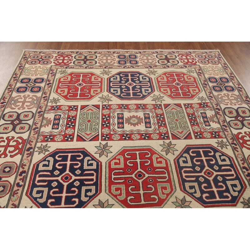 All-Over Geometric Kazak Area Rug Handmade Wool Carpet - 6'9" x 9'6"