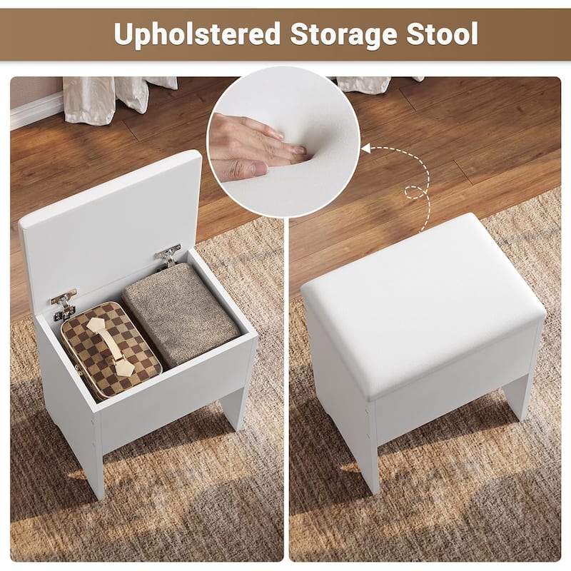 Corner Vanity Desk with Lighted Mirror Drawers Shelves Storage Stool