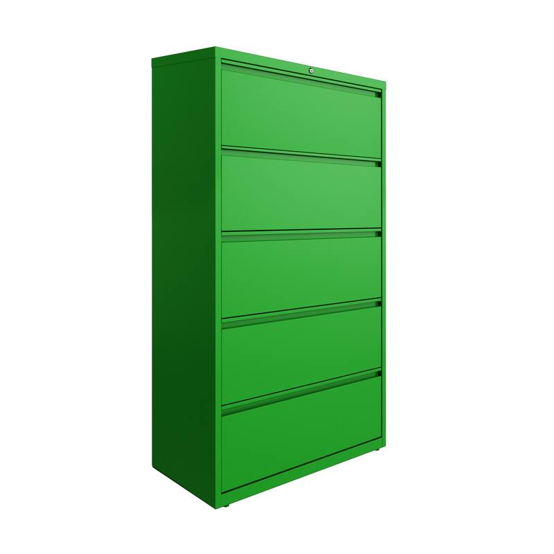 Hirsh 36-in Wide HL10000 Series 5 Drawer Lateral File Cabinet with Posting Shelf and Roll-Out Binder Storage, White - Green - Legal