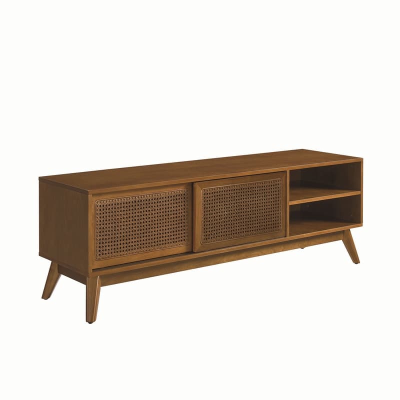 59 Inch Mid Century Modern Rattan TV Stand for 65 Inch TV, Entertainment Cabinet
