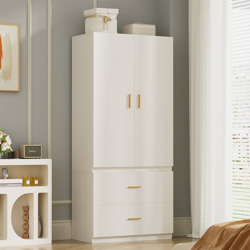 Meyreso White Minimalist Modular Wardrobe Closet with Drawers, Convertible Stacking Armoire - N/A - 2 Doors + 2 Drawers