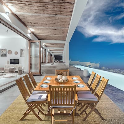 Seven Seas Teak 9 Piece Teak Wood Santa Monica Patio Dining Set, Rectangular Extension Table, 8 Folding Arm & Side Chairs