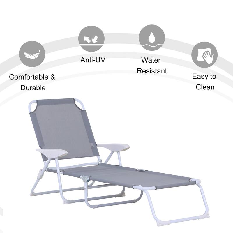 Outsunny Folding Chaise Lounge, Outdoor Sun Tanning Chair, Four-Position Reclining Back, Armrests, Iron Frame & Mesh Fabric