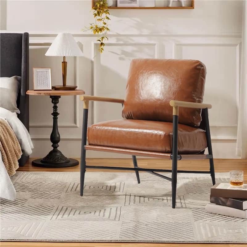 Industrial Upholstered Accent Chair Club Chair with Metal Frame - Single - Brown PU Leather