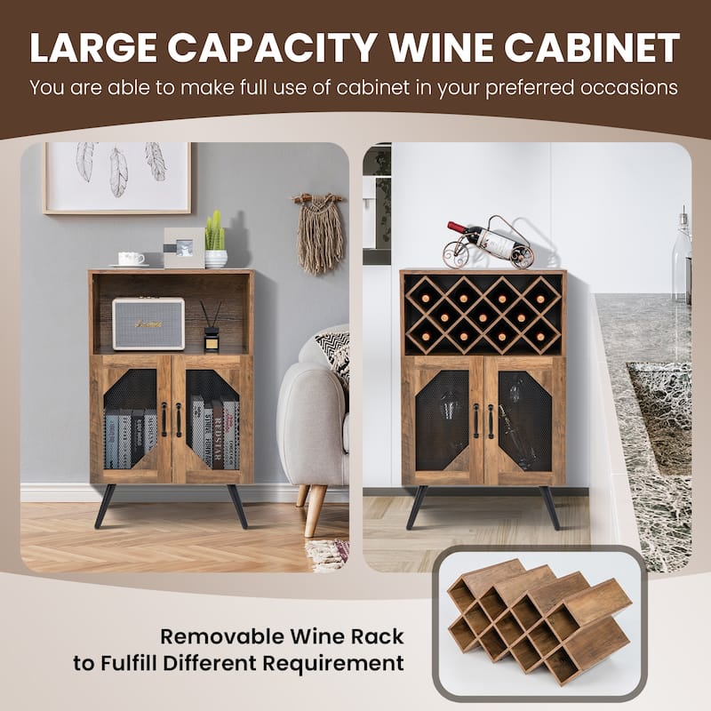 2-Door Farmhouse Kitchen Storage Bar Cabinet with Wine Rack and Glass Holder-Rustic Brown - Rustic Brown